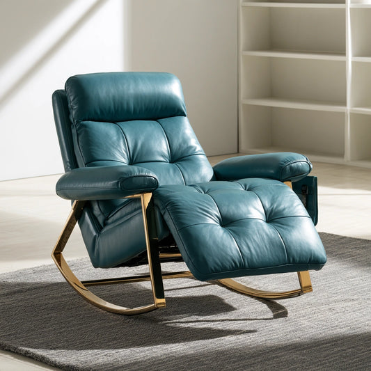 Fauteuil à bascule en cuir, coloris bleu pétrole et doré