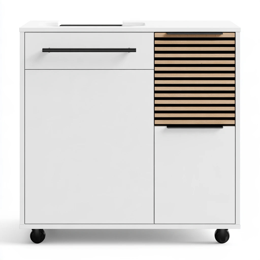 Meuble de rangement aux lignes épurées sur roulettes, coloris blanc